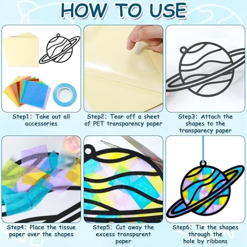 Qyeahkj 36 Set Outer Space Suncatchers Crafts for DIY Solar System Window Tissue Paper Craft Kit Space Hanging Decor for Planet Home Activity Art Project Birthday Party Favor Gift - Image 4