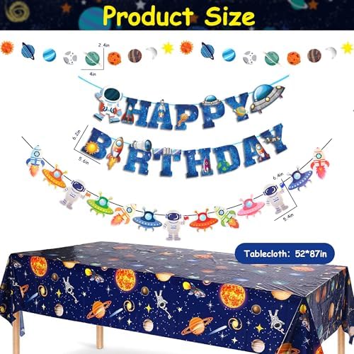Outer Space Party Decorations - Space Theme Supplies with Happy Birthday Banner Solar System Tablecloth for Galaxy Party Decor (Tablecloth+Flag Banner) - Image 2