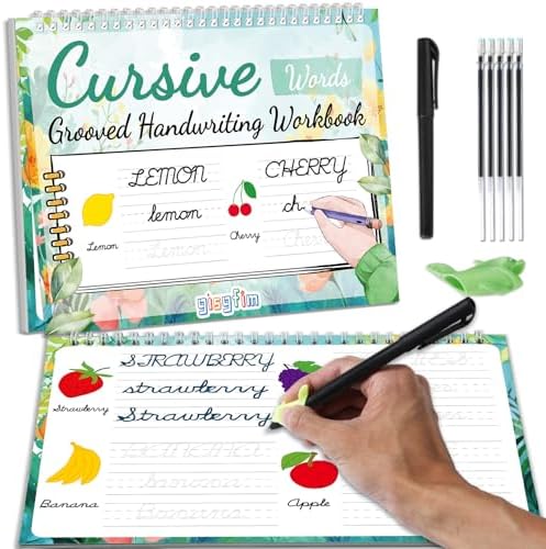 gisgfim Grooved Cursive Handwriting Workbook Magic Reusable Grooved Cursive Handwriting Practice Guided Tracing with Disappearing Ink Pens for Beginners Kids Learning Activities Supplies (Words) by gisgfim