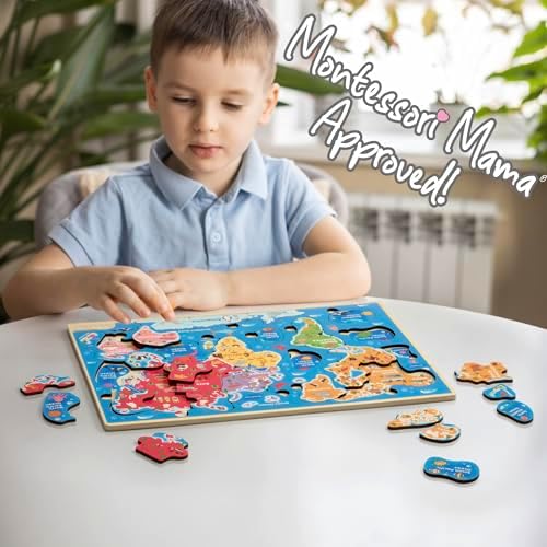 Montessori Mama World Map Wooden Puzzle, Continents and Oceans Puzzles for Kids Ages 4-6. Perfect Educational Toys for 4 Year Old Including Global Landmarks, Animals and Marine Life - Image 6