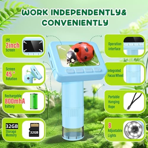 IMICHI Microscope for Kids 50X-1000X - 2 inch IPS HD Screen, 32GB Storage Card, 1080P Video, 2-Hour Battery Life, Easy Carry, Slides Included - Perfect Science Kit Gift for Kids Ages 8-12 Blue - Image 2