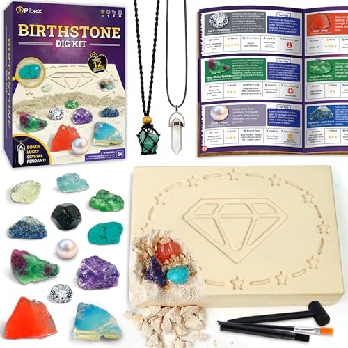 PIBEX Birthstone Dig Kit, 12 Real Gems, DIY Necklace & Crystal Pendant by PIBEX