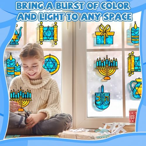 QOUBAI 32 Sets Hanukkah Suncatchers Craft Kit DIY Window Stained Glass Effect Chanukkah Paper Crafts for Home School Classroom Decoration Kid Birthday Gift Creative Art Project Activity Game - Image 6