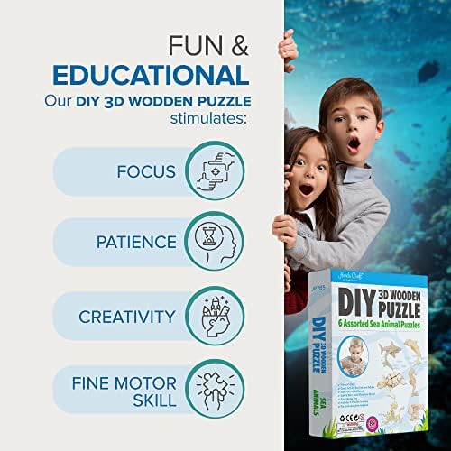 Hands Craft DIY 3D Wooden Puzzle – 6 Assorted Sea Animals Bundle Pack Set Brain Teaser Puzzles Educational STEM Toy Adults and Kids to Build Safe and Non-Toxic Easy Punch Out Premium Wood JP2B5 - Image 3