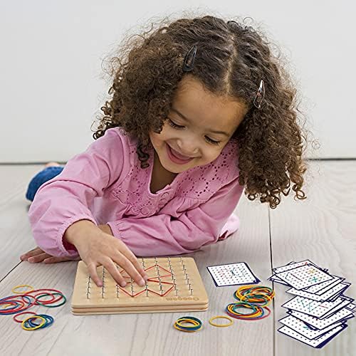 Coogam Wooden Geoboard Mathematical Manipulative Material Array Block Geo Board – Graphical Educational Toys with 30Pcs Pattern Cards and Latex Bands Shape STEM Puzzle Matrix 8x8 Brain Teaser for Kid - Image 6
