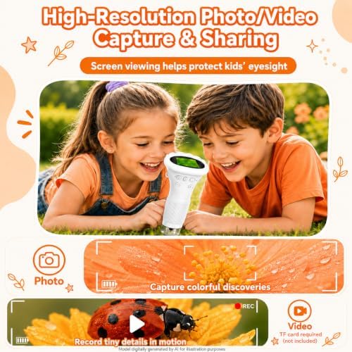 1000X Microscope for Kids, 2'' Screen Kids Wonder Quest Microscope Camera, Digital Handheld Microscope, Educational Kids Magnifying Glass, Christmas Birthday Gifts for Age 3 4 5 6 7 8 9 10- White - Image 5