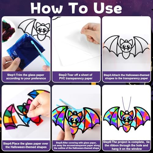 QOUBAI 32 Sets Halloween Bats Suncatchers Craft Kit DIY Window Stained Glass Effect Halloween Bats Paper Crafts Home School Classroom Decoration Kid Birthday Gift Creative Art Project Activity Game - Image 3