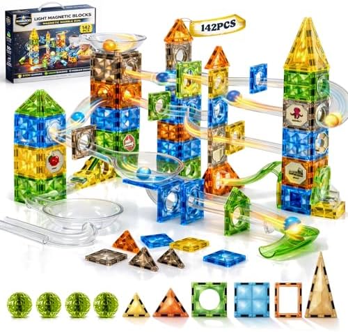 Glowing Magnetic Marble Run Set 142PCS, STEM Educational Magnet Building Toys, 4D Diamond Surface Light Magnetic Tracks, Creative Marble Maze Gift for Boys and Girls Ages 3-12 by ROHSCE