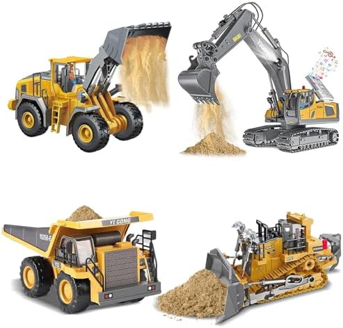 Remote Control Excavator (11-Channel), Dump Truck, Bulldozer, Loader (9-Channel), 2.4GHz Remote Control Construction Vehicles, Made of ABS, with Cool Lights and Sound Effects, 4-Pcs by ADTHLIER
