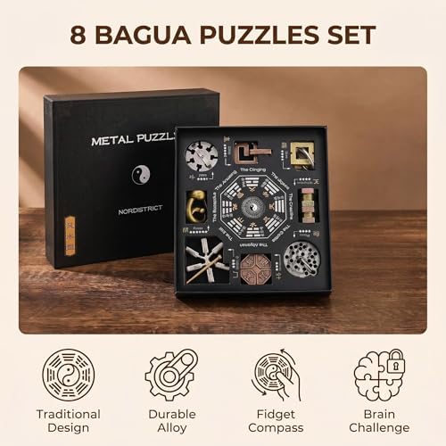 Bagua Metal Puzzles Set with Feng Shui Compass, 8+1 Alloy Brain Teasers, Traditional Chinese Intellectual Puzzle Toys for Adults, Stress Relief Fidget Desk Toy & Gift for Puzzle Lovers - Image 3