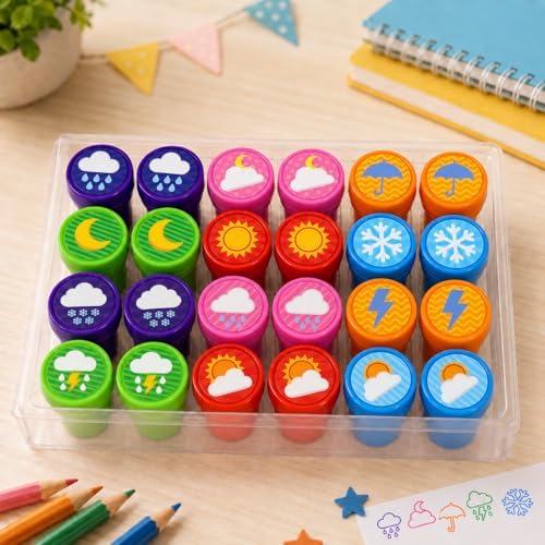 Cinrobiye 24 Pcs Weather Stampers Party Favor Set, Cute Weather Symbols Stamps for Kids Birthday Party, Classroom Rewards, Educational Learning Toys, Goody Bag Fillers - Image 3