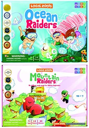 Addition Game - Fun Math Board Game for 7-9 Year Olds, Easy Start STEM Toy with Addition of 2 & 3 Digit Numbers (Ocean Raiders + Moutain Raiders) by Mathgamesforkids