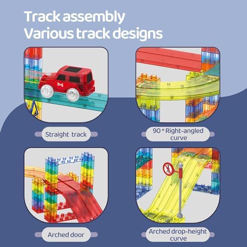 Magnetic Tiles Race Car Track Set STEM Engineering Slot Cars on Flexible Car Tracks 63PCS Educational Magnet Building Blocks Magnetic Car Toys for Kids - Image 2