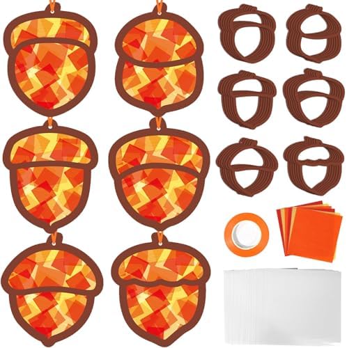 Qyeahkj 36 Set Fall Acorn Suncatchers Crafts for Kids DIY Autumn Window Tissue Paper Craft Kit Hanging Decor for Thinkgiving School Home Activity Art Project Birthday Party Favor Gift by Qyeahkj