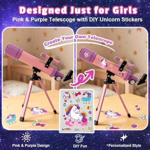 Telescope for Girls, 50mm 100x Pink Purple Telescope with Unicorn Stickers - Image 4