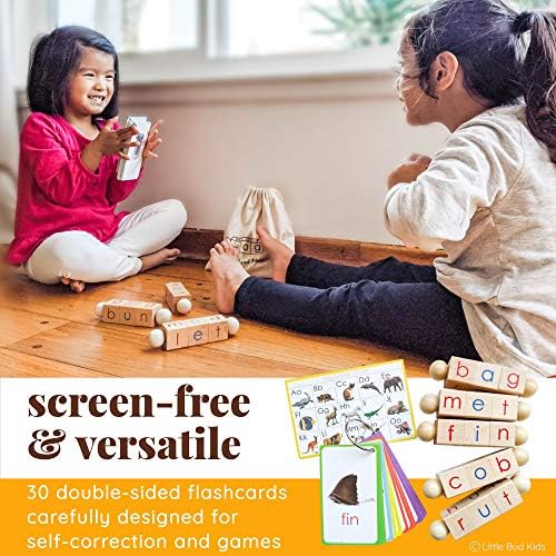 LITTLE BUD KIDS Spin-and-Read Montessori Phonetic Reading Blocks with CVC Phonics Flashcards for Beginner Readers, Montessori Reading Wooden Toys for 3 Years + - Image 6