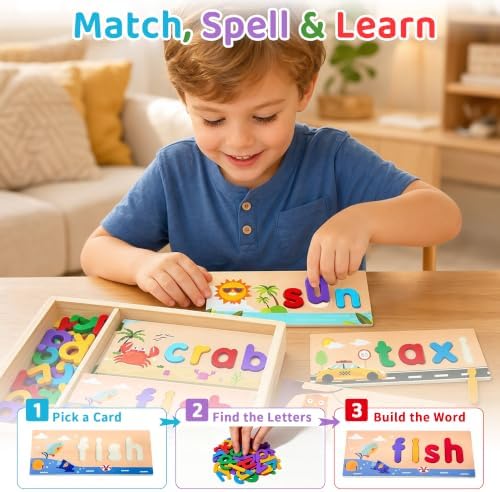 Wooden See and Spell Word Game Learning Toys for Kids 3-6 Puzzle Board - Image 2
