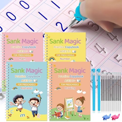 Magic grooved writing practice book set|18-in-1(4 grooved books, 2pens, 2 grip corrector, 10 disappearing ink refill), Grooved handwriting practice for kids|Grooved writing books for kids 3-5. by WANFRES