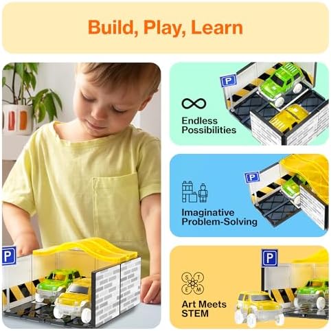 PicassoTiles Magnetic Tiles Race Car Track Kit Parking Garage Expansion Pack with 2 Cars Magnet Tile Building Blocks Educational Toy Learning Kit Pretend Play Construction Set Kids Child Ages 3+ PTR07 - Image 4