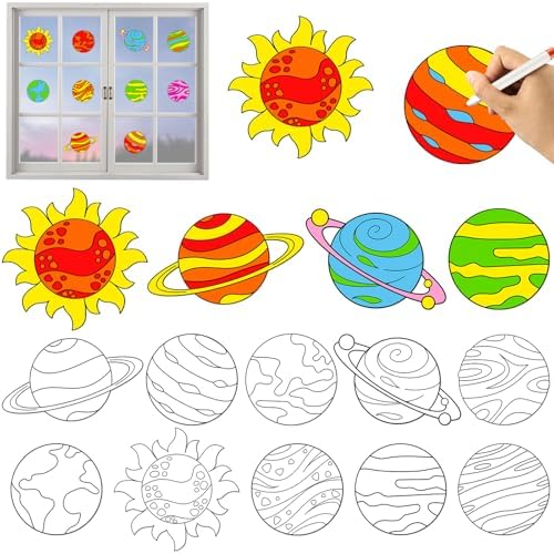 Qyeahkj 30 Set Solar System Arts Crafts for Outer Space Suncatchers Craft Kit DIY Coloring Window Cling Sticker with Markers Planet Party Christmas Gifts for Ornament Decorations by Qyeahkj