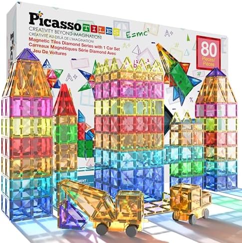 PicassoTiles 80 Piece Magnetic Tiles, STEM Building Set with Car, Ages 3+ by PicassoTiles