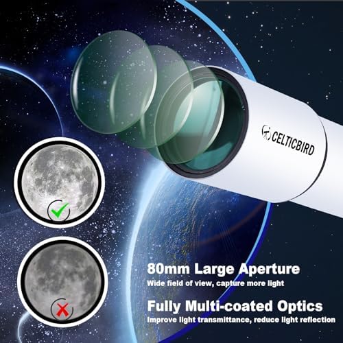 Celticbird Telescope for Adults High Powered, Travel Telescopes for Adults Astronomy Beginners Gifts, 80mm Aperture 900 Refractor Telescope with AZ Mount, Carry Bag, Phone Mount - Image 2