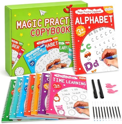 Magic Grooved Writing Practice Books for Kids 3-10, Large Reusable Handwriting Workbooks with Disappearing Ink, 3D Tracing Book Toy Gifts for Kindergarten Summer Workbook Preschool Learning Activities by gisgfim