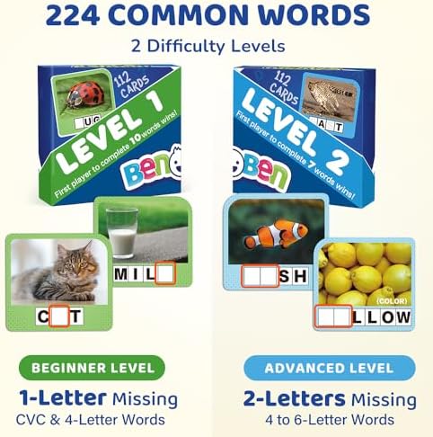 BenBen Spelling Games, 224 Flashcards, 208 Wood Letter Tiles, 1-4 Players, Learning Games for Kids 4-8, Educational Toys for Kindergarten 1st 2nd Grade, Preschool Classroom Must Haves - Image 2