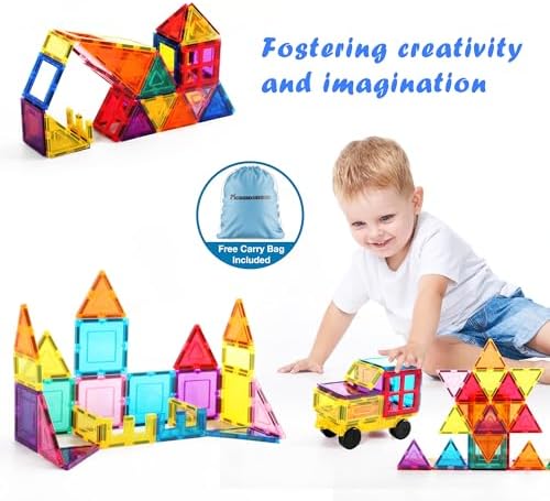PicassoTiles Magnet Tile Building Blocks with Car Base Drawstring Storage Travel Bag Carry Case Magnetic Tiles Construction Toy STEM Learning Educational Kit Sensory Playset Preschool Kids 3+ - Image 5