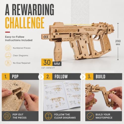 3D Wooden Puzzle Rubber Band Machine Gun Toy DIY Craft Kit, Wood Model Kit for Adults & Kids to Build, Brain Teaser Wooden Jigsaw Puzzles Mechanical Gift (Machine Gun) - Image 4