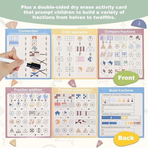 Magnetic Fraction Manipulatives for Kids, 102-Piece Fraction Tiles & Circles Set with Dry-Erase Practice Cards, Fraction Bars for Whiteboard, Homeschool & Elementary Classroom Math Aid - Image 3