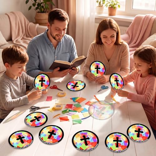 48PCS Sunday School VBS Crafts Bulk: Paper Cross Nativity Suncatchers, Jesus Religious Christian Activity DIY Kits Church Decorations, Window Stained Glass Effect Art Supplies(Round Shape) - Image 3