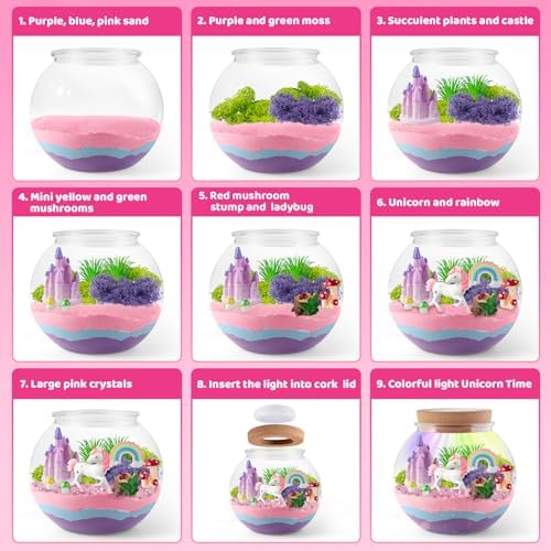 JOYEEMAX Unicorn Light-Up Terrarium Kit for Kids - LED Night Light Birthday Gift for Girls Ages 4 5 6 7 8-12 Year Old - Unicorn Toys for Girls - DIY Arts and Crafts Kit for Kids - Image 4