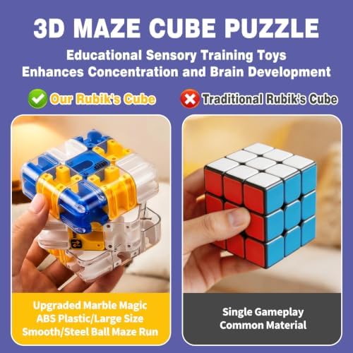 3D Maze Cube Ball Puzzle Brain Teaser for Adults & Kids, Educational Learning Toys Logical Thinking, Family Board Games Tabletop, Durable Puzzle Cube (White&Blue&Yellow, 2.7x2.7x2.7) - Image 3