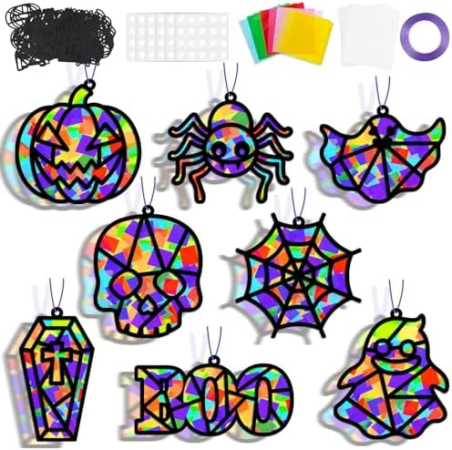 32 Sets Halloween Suncatchers Craft Kit DIY Window Stained Glass Effect Ghost Spider Skull Pumpkin Paper Crafts Home School Classroom Decoration Kid Birthday Gift Creative Art Project Activity Game by QOUBAI