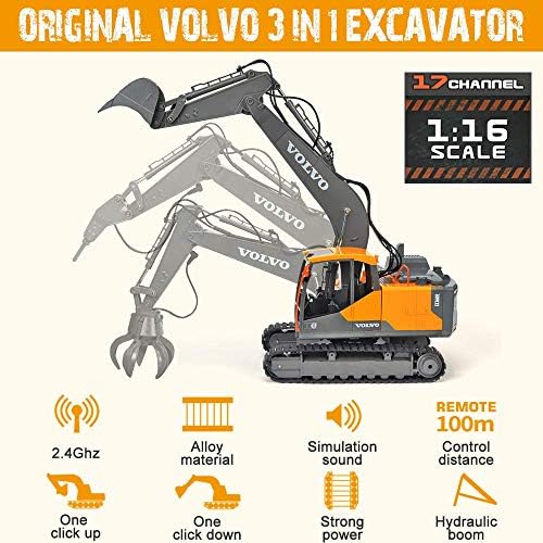 Double E Volvo 1:16 Scale Remote Control Excavator, 17 Channel 3-in-1 Construction Toy with Metal Shovel, Drill, Grab & Lights, 2.4GHz Full Function Digger for Outdoor Sandbox, Gift for Kids & Adults - Image 3