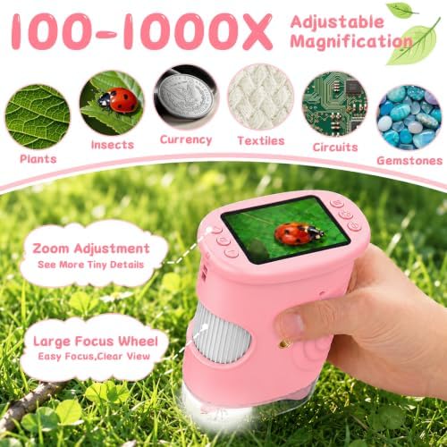 SEEKID Microscope for Kids 200-1000X, STEM Toy Science Kit for Kid(Pink) - Image 2