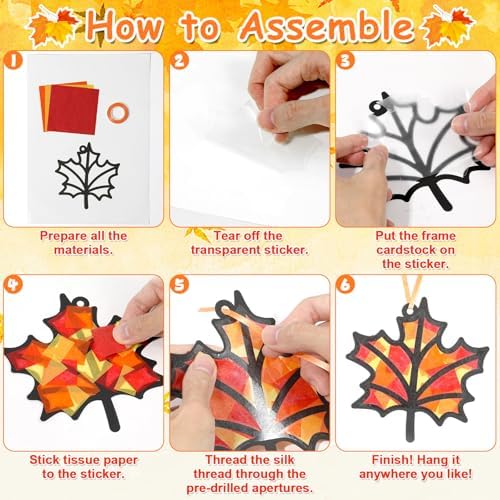 Qyeahkj 36 Set Fall Suncatchers Crafts for Kids DIY Autumn Leaf Pumpkin Acorn Squirrel Window Tissue Paper Craft Kit Hanging Decor for Home Activity Art Project Birthday Party Favor Gift - Image 4