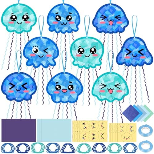 48PCS Summer Crafts: Paper Jellyfish Suncatchers DIY Kits, Window Stained Glass Effect Art Supplies by Renbuzhu