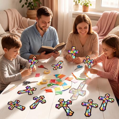 Renbuzhu 48PCS Sunday School VBS Crafts Bulk: Paper Cross Nativity Suncatchers, Jesus Religious Christian Activity DIY Kits Church Decorations, Window Stained Glass Effect Art Supplies - Image 3