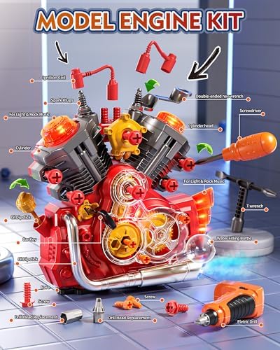 Jovow Engine Building Kit, Kids Mechanic Toys for Motorcycle Engine Toy, STEM Engine Model Kit Toy with Cool Light and Music, Educational Science Building for Boys Age 3+Year Old Mechanic Tools (Red) - Image 2