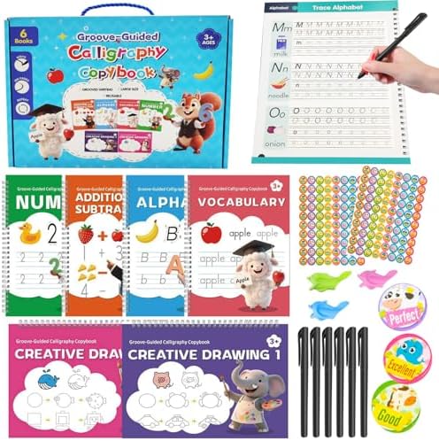 ROYFACC Grooved Writing Books Groove Handwriting Practice for Kids 3-8 Large Reusable Groove Workbooks Tracing Books Preschool Learning Letter Number Math Drawing with Disappearing Ink Pens, 6 Books by ROYFACC