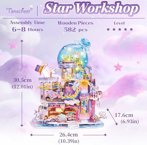 Tonecheer 3D Wooden Puzzle for Adults - Star Workshop, Mechanical Transmission Model Kit, Dynamic DIY Building Set with Music & Lights, Miniature House Kit Ideas - Image 2