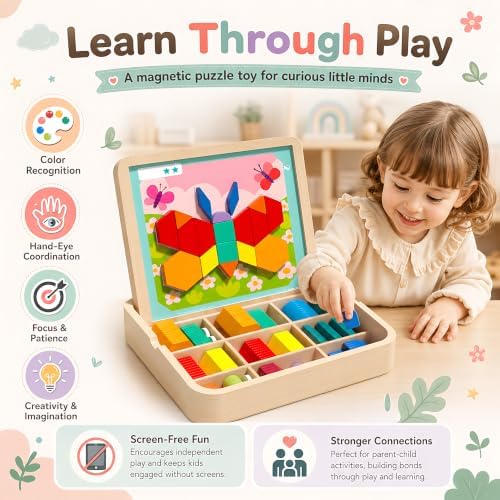 248 Pcs Wooden Magnetic Pattern Block Set with Cards, Pen & Storage Bag, Montessori STEM Tangram Puzzle Toys for Toddlers 4 5 6 7 8, Educational Brain Teaser Gift for Boys Girls - Image 2