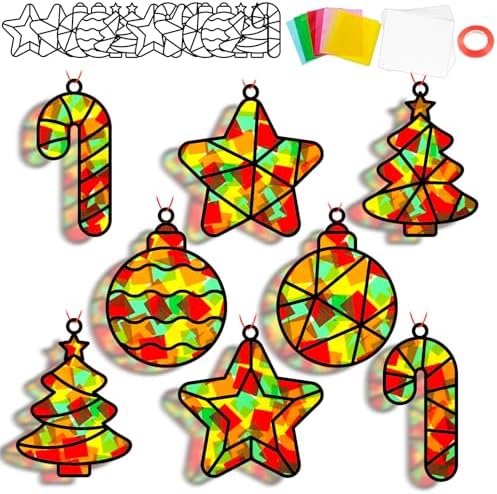 QOUBAI 32 Sets Christmas Theme Suncatchers Craft Kit DIY Window Stained Glass Effect Christmas Theme Paper Crafts Home School Classroom Decoration Kid Birthday Gift Creative Art Project Activity Game by QOUBAI