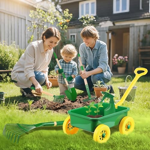 Duckura Kids Wheelbarrow Set, Kids Gardening Tools Set with Real Shovel, Rake, Hoe and Leaf Rake for Outdoor Backyard Play, Educational Toys Birthday Gift for Toddler Boys & Girls Ages 3 4 5 - Image 2