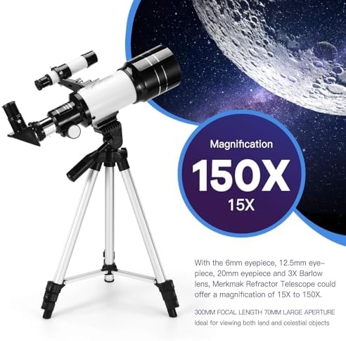 Telescope for Kids & Adults, 70mm Aperture 300mm Telescopes for Astronomy Beginners, 15X-150X Magnification Portable Refractor Telescope with Adjustable Tripod, Phone Adapter - Image 2