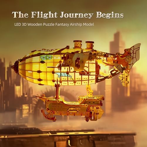 FUNPOLA LED 3D Wood Puzzle Fantasy Airship Model - Steampunk DIY Craft Kit with LED Lights – Intricate Wooden Airship Model Building Set for Adults(White) - Image 3