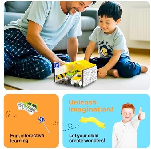 PicassoTiles Magnetic Tiles Race Car Track Kit Parking Garage Expansion Pack with 2 Cars Magnet Tile Building Blocks Educational Toy Learning Kit Pretend Play Construction Set Kids Child Ages 3+ PTR07 - Image 5
