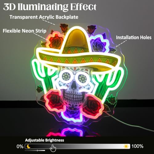 Mexican Sugar Skull Neon Light Sombrero Hat Cactus Roses LED Signs for Wall - Image 6
